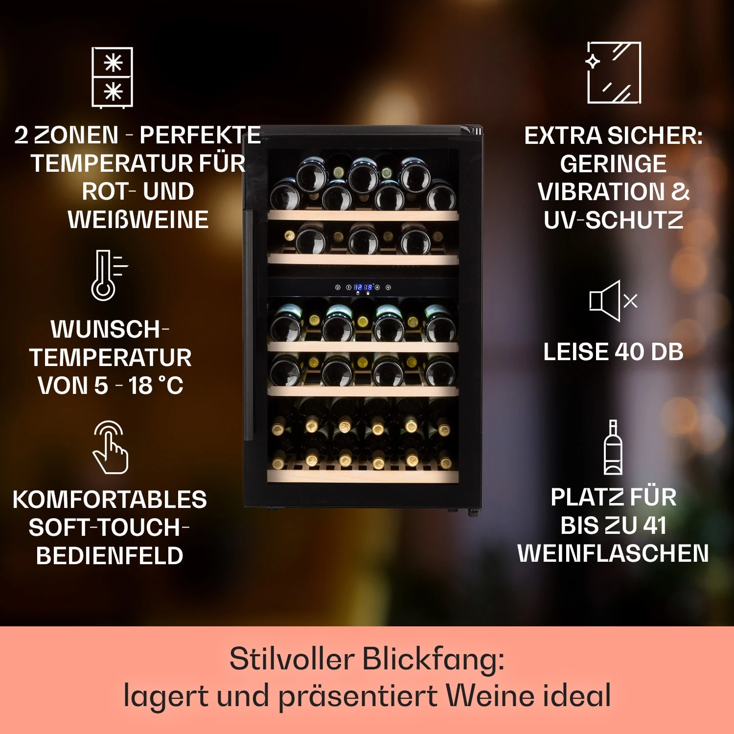 Barossa 40 Duo Weinkühlschrank 2 Zonen 41 Flaschen Glastür Touch LED – Bild 2