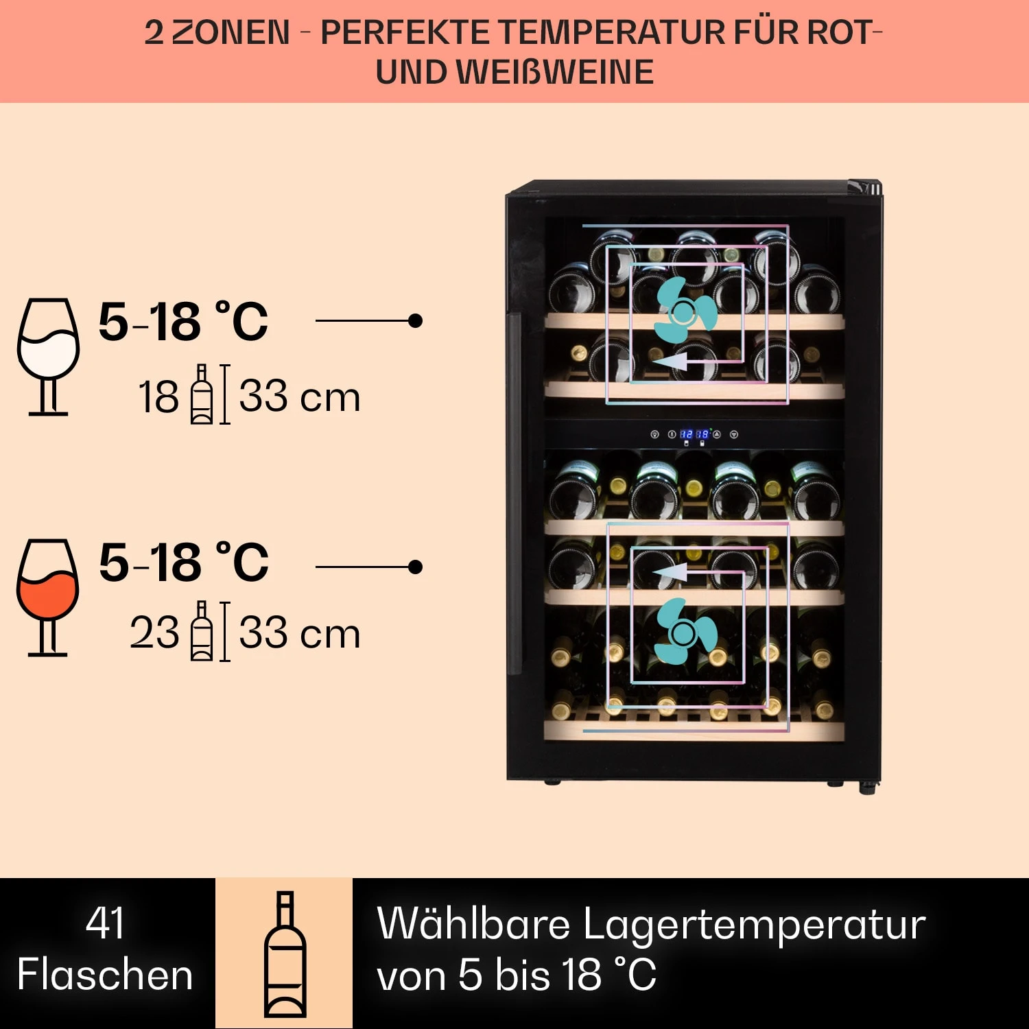 Barossa 40 Duo Weinkühlschrank 2 Zonen 41 Flaschen Glastür Touch LED – Bild 3