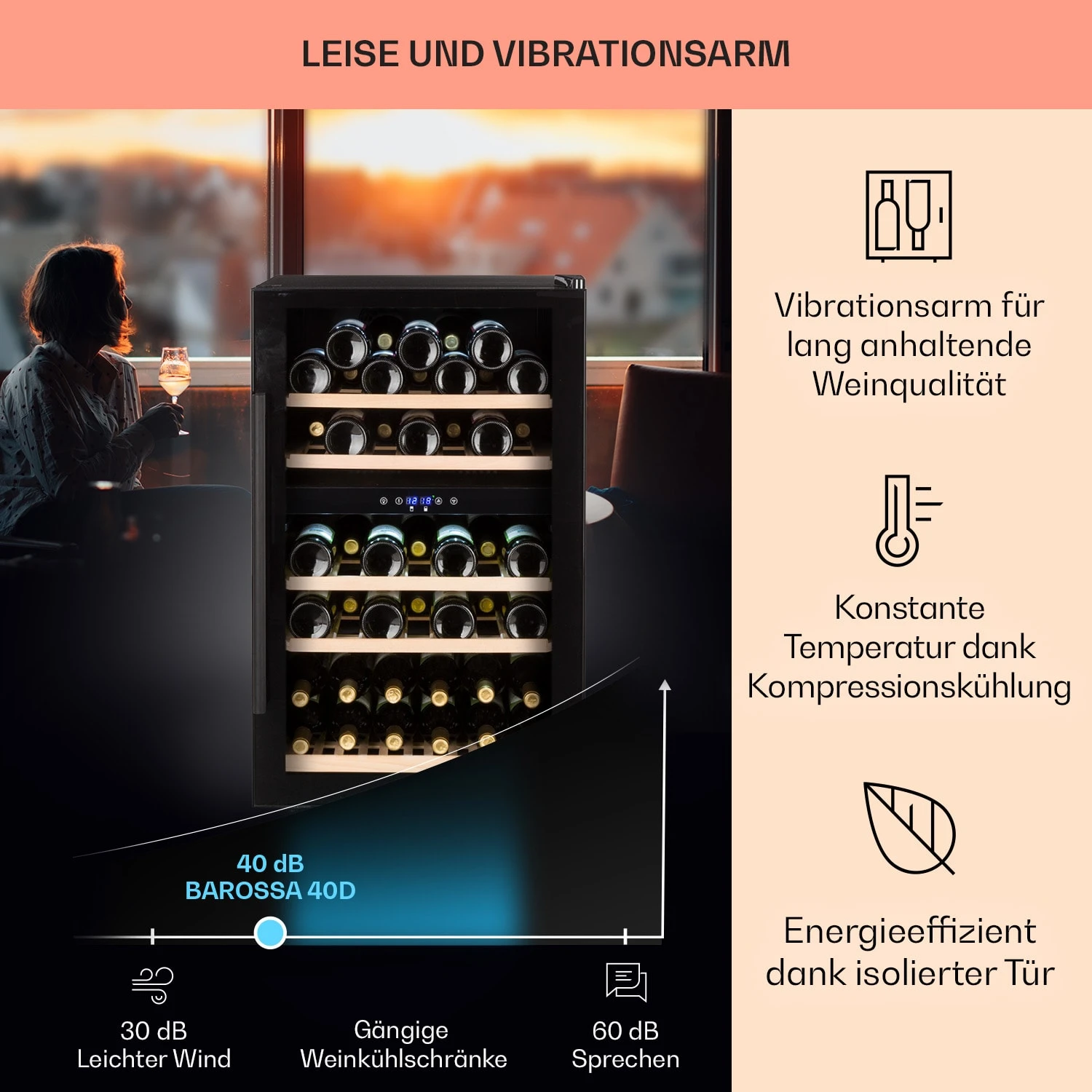 Barossa 40 Duo Weinkühlschrank 2 Zonen 41 Flaschen Glastür Touch LED – Bild 4