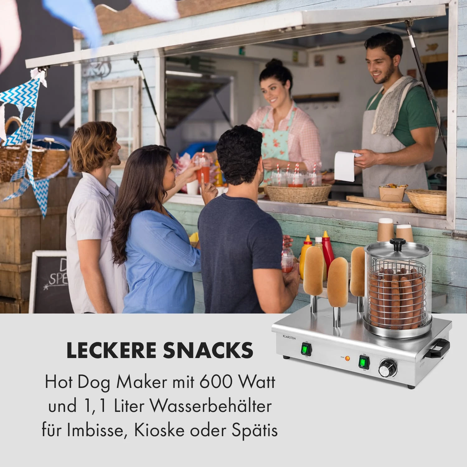 Wurstfabrik 600 Hot Dog Maker 600W 3 Spieße 5L 30-100°C Glas Edelstahl – Bild 2