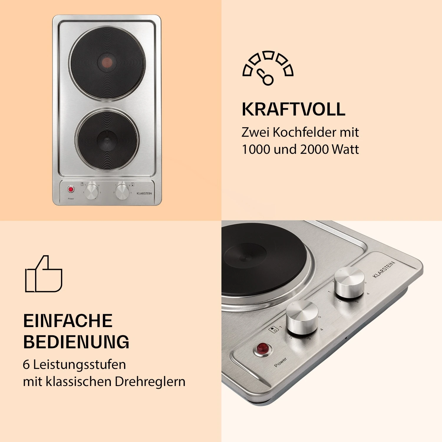 Appetito Domino Elektrokochfeld 2 Platten 3000 Watt Edelstahl – Bild 3