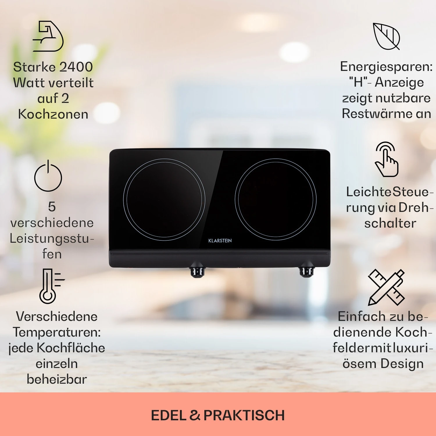 Cookbuddy Doppel-Kochfeld 2400W 5 Leistungsstufen Glaskeramik – Bild 2