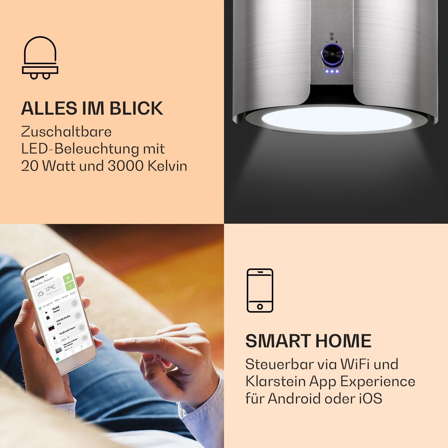 Skyfall Smart Inselabzugshaube Ø45cm Umluft 402m³/h LED – Bild 3