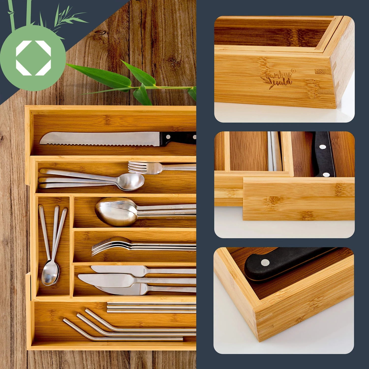 Besteckkasten 5-7 Fächer Max. 40 X 5 X 35,5 Cm Bambus – Bild 2