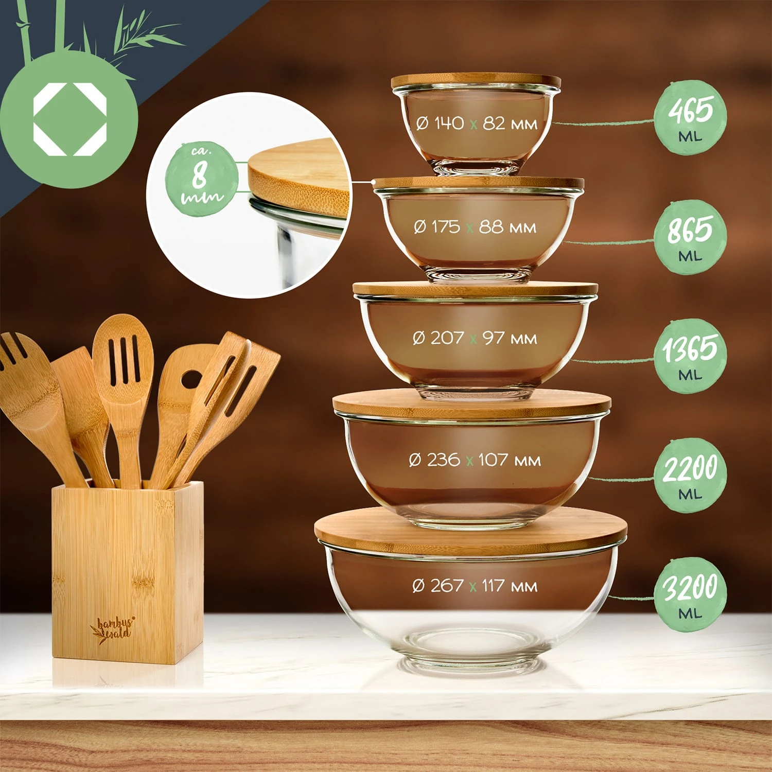 Glasschüssel 865 Ml Bambusdeckel Verschließbar BPA-frei Größe S – Bild 8