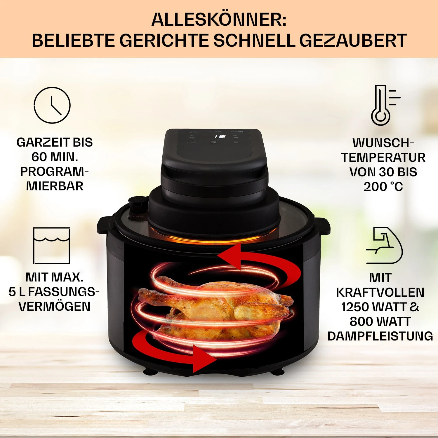 Vendure Heißluftfritteuse Mit Dampffunktion 1250W 5 Liter 6 Programme – Bild 3