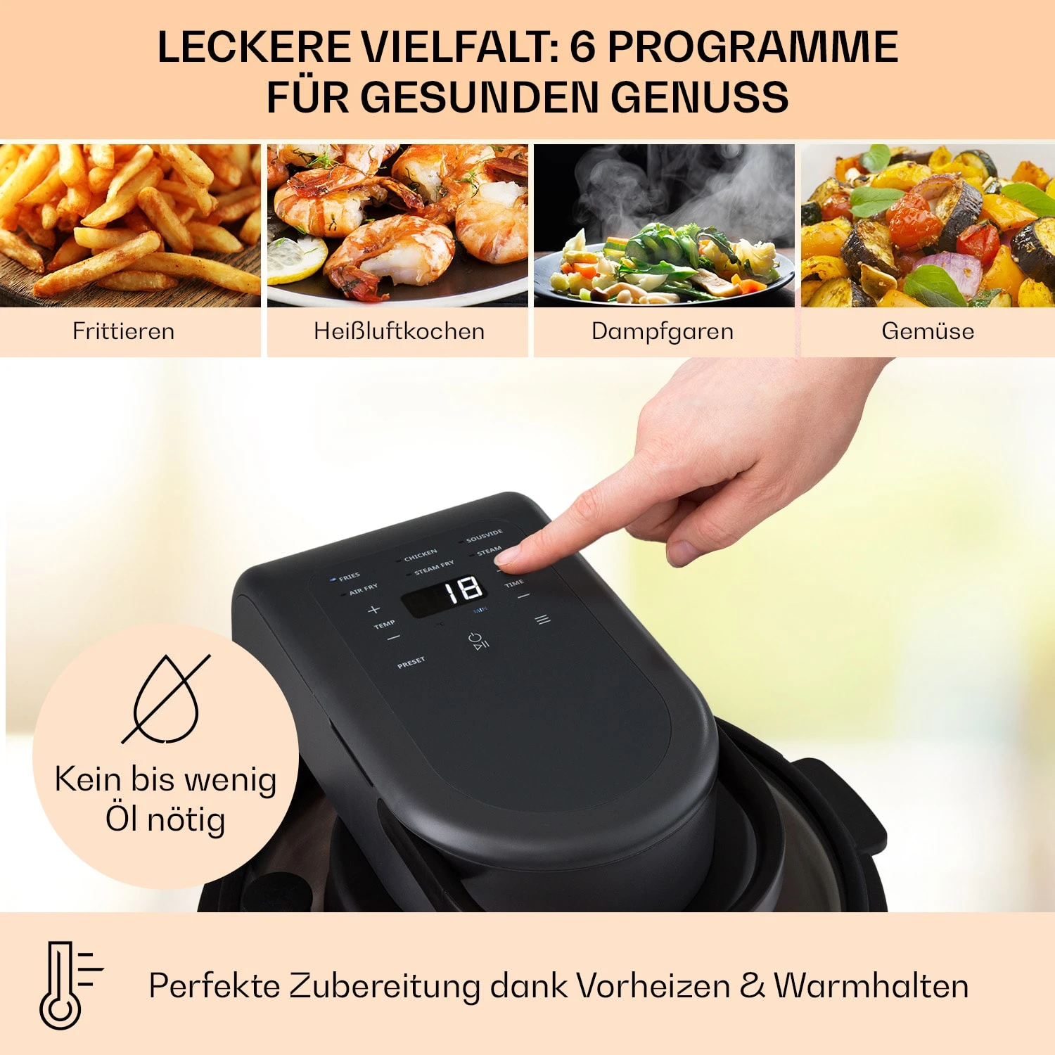 Vendure Heißluftfritteuse Mit Dampffunktion 1250W 5 Liter 6 Programme – Bild 4