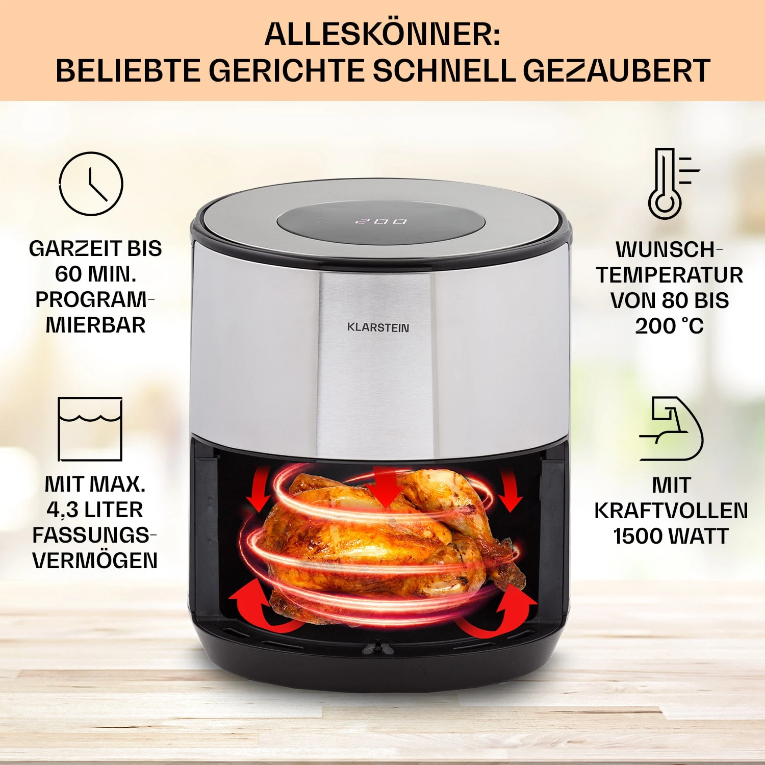 Klarstein Crisp-Pro 4,3L Air Fry Stainless Steel – Bild 2
