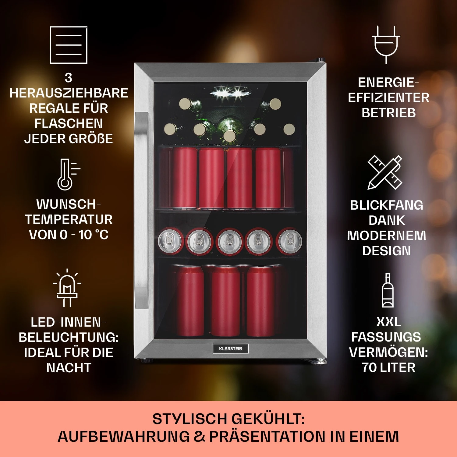 Beersafe 70 Bierzeit Edition Kühlschrank 70 Liter 3 Böden Panoramaglastür Edelstahl – Bild 2