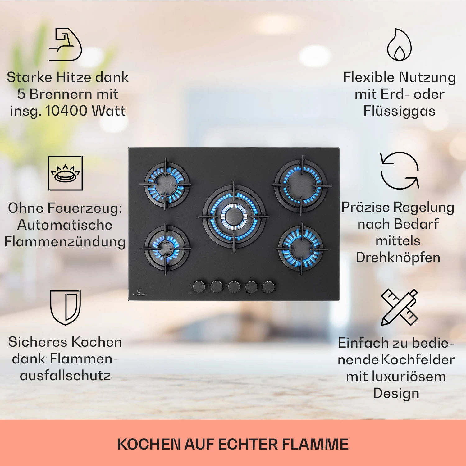 Firetale Gaskochfeld 5-flammig 70 Cm Aluminium-Brenner Inkl. Schlauch Und Druckminderer – Bild 2