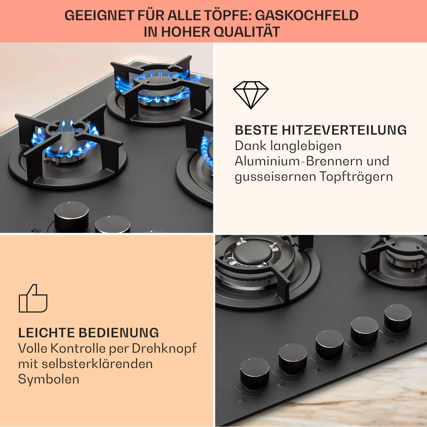 Firetale Gaskochfeld 5-flammig 70 Cm Aluminium-Brenner Inkl. Schlauch Und Druckminderer – Bild 4